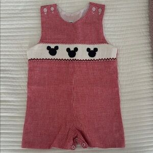 Red Gingham Baby Romper with Mickey Mouse Smock Design